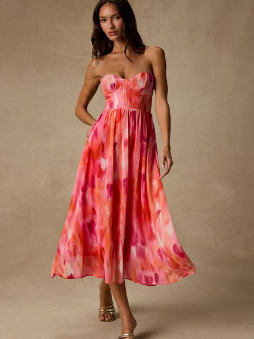 Lulus Aysel Coral Pink Abstract Strapless Bustier Midi Dress - Size XL